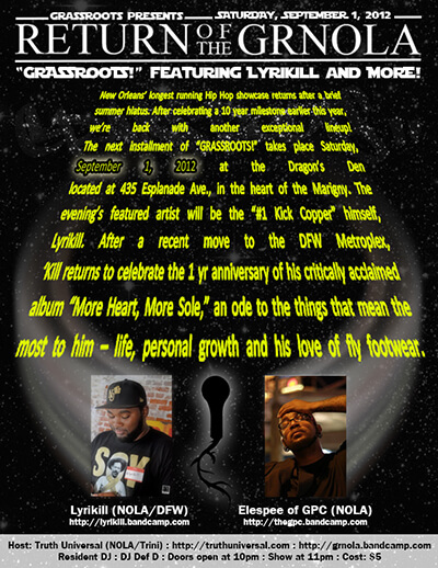 GRASSROOTS! flyer advertising September 1, 2012 show with Lyrikill and Elespee. GRASSROOTS! flyer advertising September 1, 2012 show with Lyrikill and Elespee.