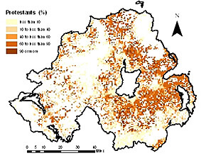 Protestants in Northern Ireland as a percentage of the population by 1km grid square, 2001.  From Troubled Geographies: A Spatial History of Religion and Society in Ireland, 2013. Courtesy of Niall Cunningham.