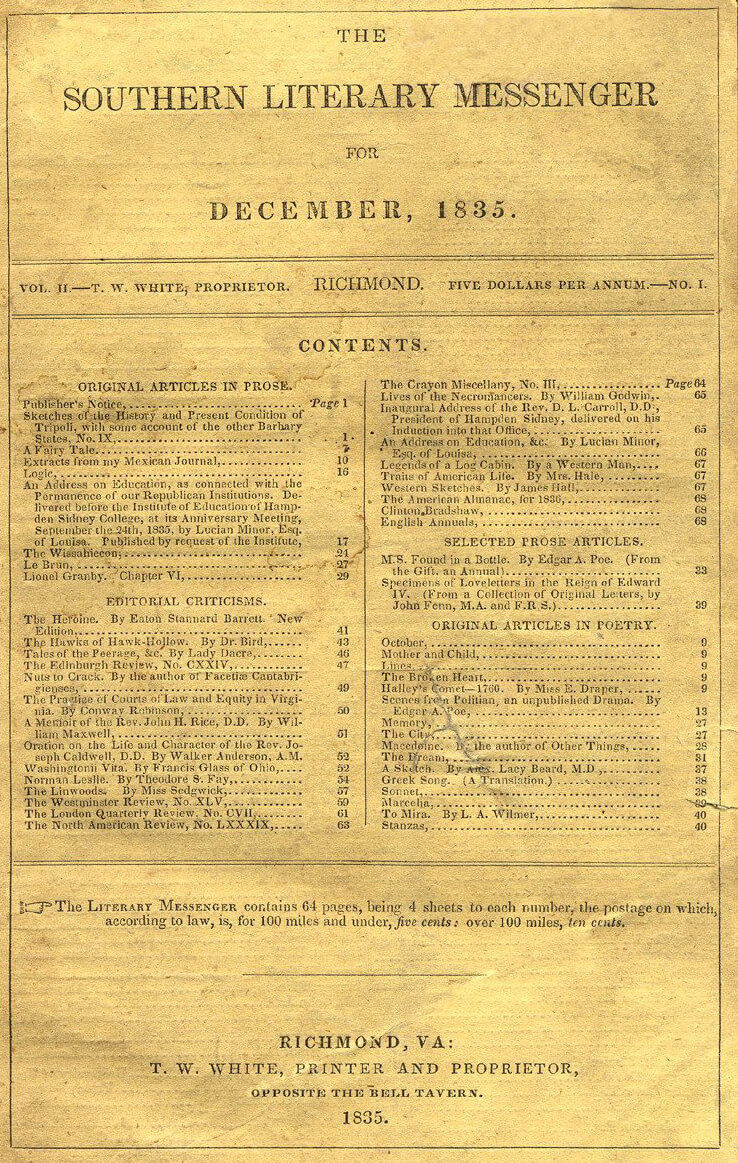 Table of contents to the Southern Literary Messenger, December, 1835. Courtesy of Wikimedia Commons. Table of contents to the Southern Literary Messenger, December, 1835. Courtesy of Wikimedia Commons.