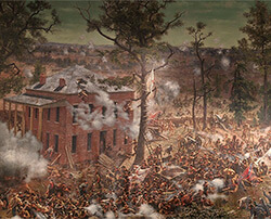 The Troup Hurt House and the four-gun DeGress Battery, which were temporarily captured by Confederate infantry on the afternoon of July 22, 1864, Battle of Atlanta Cyclorama, Atlanta, Georgia, 1886. Painting by the Atlanta Panorama Company. The Troup Hurt House and the four-gun DeGress Battery, which were temporarily captured by Confederate infantry on the afternoon of July 22, 1864, Battle of Atlanta Cyclorama, Atlanta, Georgia, 1886. Painting by the Atlanta Panorama Company.