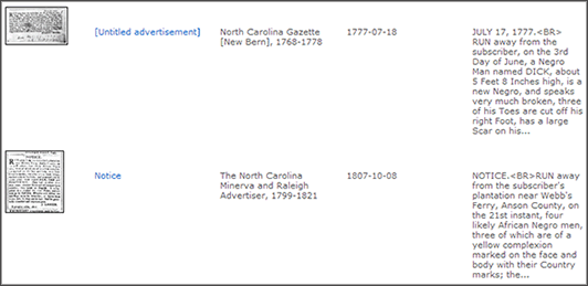 Screenshot from North Carolina Runaway Slave database. Screenshot from North Carolina Runaway Slave database.