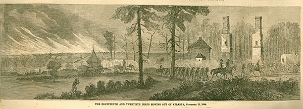 The Fourteenth and Twentieth Corps moving out of Atlanta, Georgia, November 15, 1864, Harper's Illustrated Weekly, January 1, 1865. The Fourteenth and Twentieth Corps moving out of Atlanta, Georgia, November 15, 1864, Harper's Illustrated Weekly, January 1, 1865.