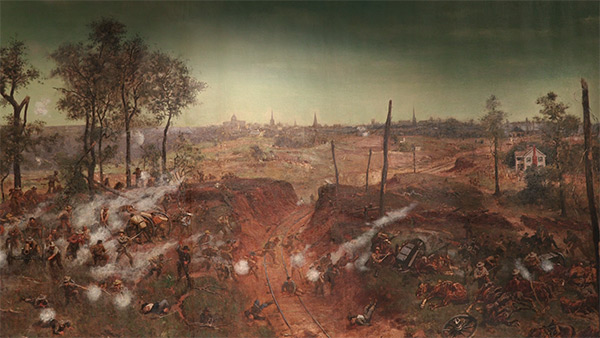 A cut in the Georgia Railroad, where Arthur Manigault's brigade spearheaded the Confederate's attack against an entrenched Union line, Battle of Atlanta Cyclorama, 1886. Painting by the American Panorama Company. A cut in the Georgia Railroad, where Arthur Manigault's brigade spearheaded the Confederate's attack against an entrenched Union line, Battle of Atlanta Cyclorama, 1886. Painting by the American Panorama Company.