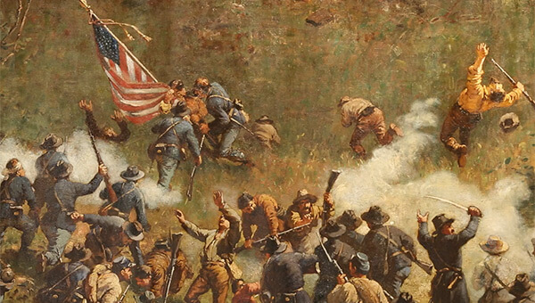 Confederate and Union troops in close combat, Battle of Atlanta Cyclorama, Atlanta, Georgia, 1886. Painting by the American Panorama Company. Confederate and Union troops in close combat, Battle of Atlanta Cyclorama, Atlanta, Georgia, 1886. Painting by the American Panorama Company.