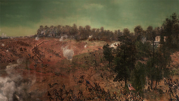 Sherman surveying the battlefield, in front of the Augustus Hurt House, east of Atlanta, July 22, 1864, Battle of Atlanta Cyclorama, Atlanta, Georgia, 1886. Painting by the American Panorama Company. Sherman surveying the battlefield, in front of the Augustus Hurt House, east of Atlanta, July 22, 1864, Battle of Atlanta Cyclorama, Atlanta, Georgia, 1886. Painting by the American Panorama Company.