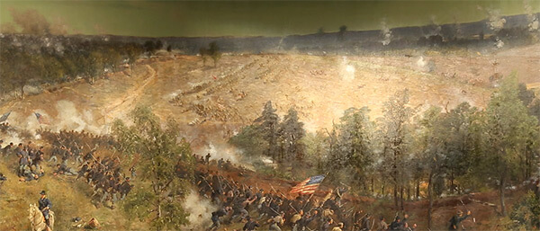 Leggett's Hill. High ground east of Atlanta where Confederate infantry repeatedly attacked entrenched Federal troops, Battle of Atlanta Cyclorama, Atlanta, Georgia, 1886. Painting by the American Panorama Company. Leggett's Hill. High ground east of Atlanta where Confederate infantry repeatedly attacked entrenched Federal troops, Battle of Atlanta Cyclorama, Atlanta, Georgia, 1886. Painting by the American Panorama Company.