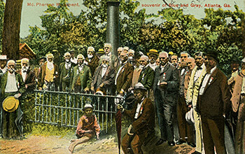 Blue-Gray reunion at the McPherson Monument, Albert Shaw, center-forward, with umbrella. July 1900. Illustration. Blue-Gray reunion at the McPherson Monument, Albert Shaw, center-forward, with umbrella. July 1900. Illustration.