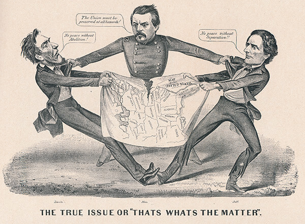 The true issue. Former Union Major General George P. McClellan, Democratic Party candidate for president in 1864 separates leaders of the Union and Confederacy. Lithograph print by Currier & Ives, ca. 1864. The true issue. Former Union Major General George P. McClellan, Democratic Party candidate for president in 1864 separates leaders of the Union and Confederacy. Lithograph print by Currier & Ives, ca. 1864.