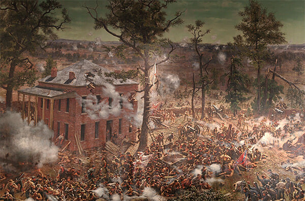 The Troup Hurt house and the four-gun De Gress Battery (right of the house), which were temporarily captured by Confederate infantry on the afternoon of July 22, 1864, Battle of Atlanta Cyclorama, 1886. Painting by the American Panorama Company. The Troup Hurt house and the four-gun De Gress Battery (right of the house), which were temporarily captured by Confederate infantry on the afternoon of July 22, 1864, Battle of Atlanta Cyclorama, 1886. Painting by the American Panorama Company.