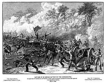 Capture of De Gress Battery by Confederate infantry, Joseph M. Brown, The Mountain Campaigns of Georgia: Or, War Scenes on the W. and A. (Buffalo, New York: Art-Printing Works of Matthews, Northrup, and Company, 1890), 69. Capture of De Gress Battery by Confederate infantry, Joseph M. Brown, The Mountain Campaigns of Georgia: Or, War Scenes on the W. and A. (Buffalo, New York: Art-Printing Works of Matthews, Northrup, and Company, 1890), 69.