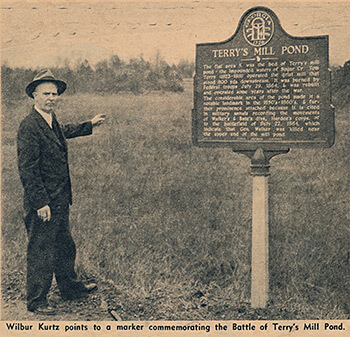 Wilbur Kurtz at Terry's Mill Pond historical marker, Glenwood Drive and Wilkinson Drive, Atlanta, Georgia, Atlanta Journal and Constitution Magazine, March 1957. Wilbur Kurtz at Terry's Mill Pond historical marker, Glenwood Drive and Wilkinson Drive, Atlanta, Georgia, Atlanta Journal and Constitution Magazine, March 1957.