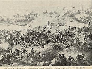 Post-war illustration of Union Brigadier General John Fuller planting the US flag on the Atlanta Battlefield, July 22, 1864. Print by James E. Taylor. Courtesy of the New York Public Library. Post-war illustration of Union Brigadier General John Fuller planting the US flag on the Atlanta Battlefield, July 22, 1864. Print by James E. Taylor. Courtesy of the New York Public Library.