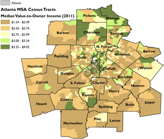 Median value-to-owner ratio for Atlanta MSA census tracts. Sources: Rusk 2001; 2011 American Community Survey 5-Year Estimates; author.