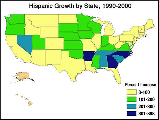 US Map: Hispanic Growth by State, 1990-2000 US Map: Hispanic Growth by State, 1990-2000