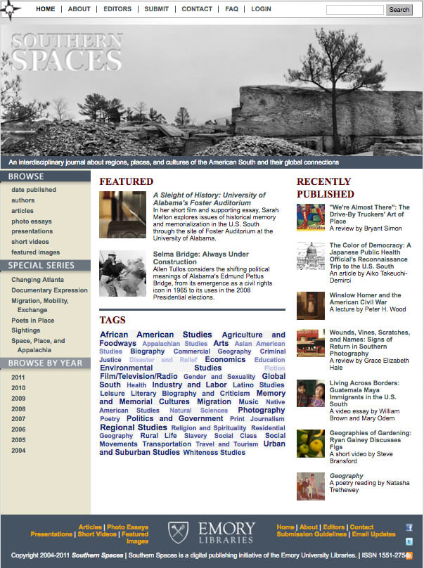 2010 Southern Spaces after migration to Drupal, July 28, 2011. Screenshot courtesy of Southern Spaces.