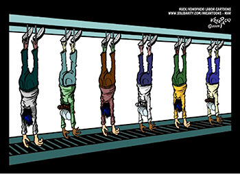 Live hang, 2005. Cartoon by Mike Konopacki. Courtesy of Huck/Konopacki Labor Cartoons.