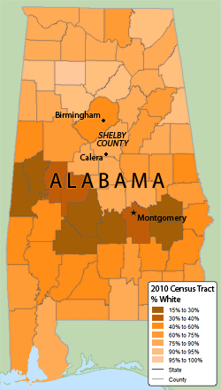 Map of Alabama with percentage of white population. Map based on image courtesy of Social Explorer. Map of Alabama with percentage of white population. Map based on image courtesy of Social Explorer.