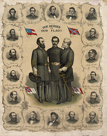 Our Heroes and Our Flag, 1896. Color lithograph by Southern Lithograph Company, showing four versions of the flag of the Confederate States of America. Library of Congress, Prints and Photographs division, LC-DIG-pga-03338.