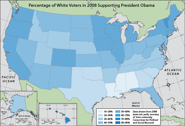 Map of percentage of white voters in 2008 supporting President Obama. Map of percentage of white voters in 2008 supporting President Obama.