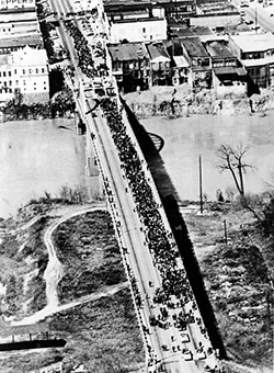 Ariel view of marchers crossing the Edmund Pettus bridge during the march from Selma to Montgomery, Alabama, 1965. Library of Congress Prints and Photographs Division, New York World-Telegram and the Sun Newspaper Photograph Collection, LC-USZ62-126846. Ariel view of marchers crossing the Edmund Pettus bridge during the march from Selma to Montgomery, Alabama, 1965. Library of Congress Prints and Photographs Division, New York World-Telegram and the Sun Newspaper Photograph Collection, LC-USZ62-126846.