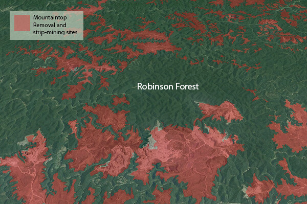 Map showing Robinson Forest and surrounding sites of mountaintop removal and strip-mining, Robinson Forest, Kentucky, 2012. Map by Southern Spaces, created with Google Earth mountaintop removal "Extent of Mining Survey" layer courtesy of iLoveMountains.org.