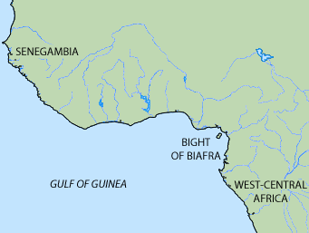 Map of west Africa depicting the prominent regions of origin of Lowcountry Africans, 2013. Map created by Southern Spaces. Map of west Africa depicting the prominent regions of origin of Lowcountry Africans, 2013. Map created by Southern Spaces.