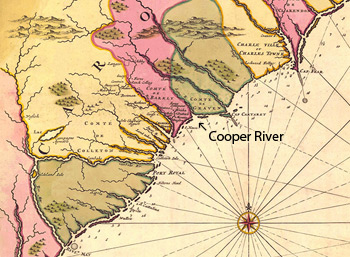 General Map of the Carolinas with location of the Cooper River indicated, Amsterdam, 1683. Map by Nicolas Sanson. Courtesy of the Birmingham Public Library Cartography Collection, SouthCarolina1683a.sid. General Map of the Carolinas with location of the Cooper River indicated, Amsterdam, 1683. Map by Nicolas Sanson. Courtesy of the Birmingham Public Library Cartography Collection, SouthCarolina1683a.sid.