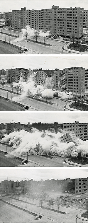 Pruitt-Igoe demolition, April 22, 1972. US Department of Housing and Urban Development. Courtesy of Wikimedia Commons. Pruitt-Igoe demolition, April 22, 1972. US Department of Housing and Urban Development. Courtesy of Wikimedia Commons.