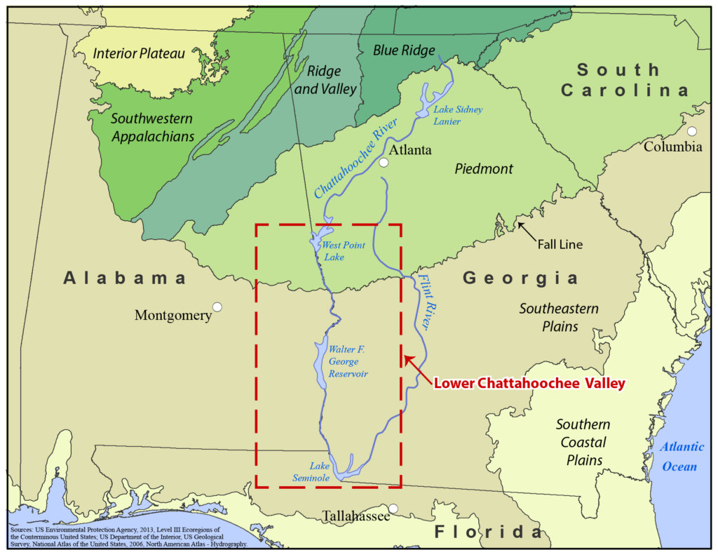 Map showing Alabama and Georgia, with a box showing the Lower Chattahoochee Valley, situated along the southern half of the Georgia-Alabama border.