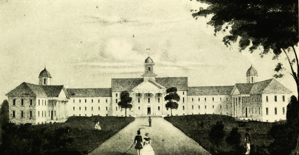 view of the Eastern Lunatic Asylum, showing new building additions, Williamsburg, Virginia, 1845