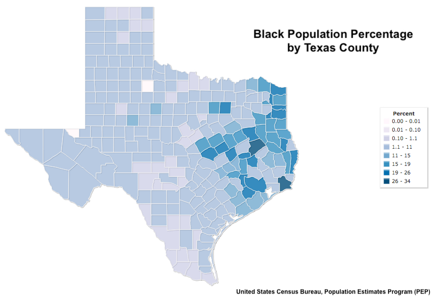 Map showing Black population percentage by Texas County, ca. 2020–2021