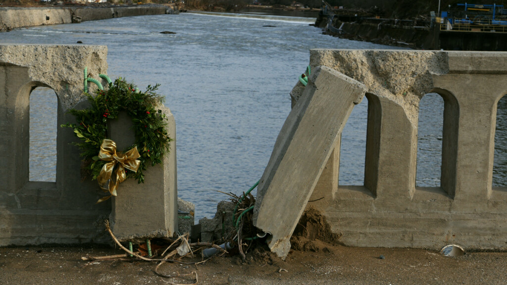 Damaged bridge over the French Broad River in downtown Marshall, North Carolina, after Hurricane Helene.