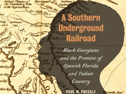 Book cover for Southern Underground Railroad. Black face silhouette on top of map.