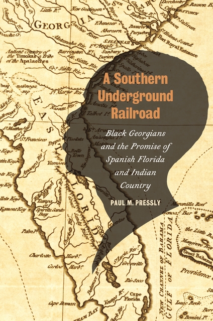 Book cover for Southern Underground Railroad. Black face silhouette on top of map of southeast Georgia, east Florida.